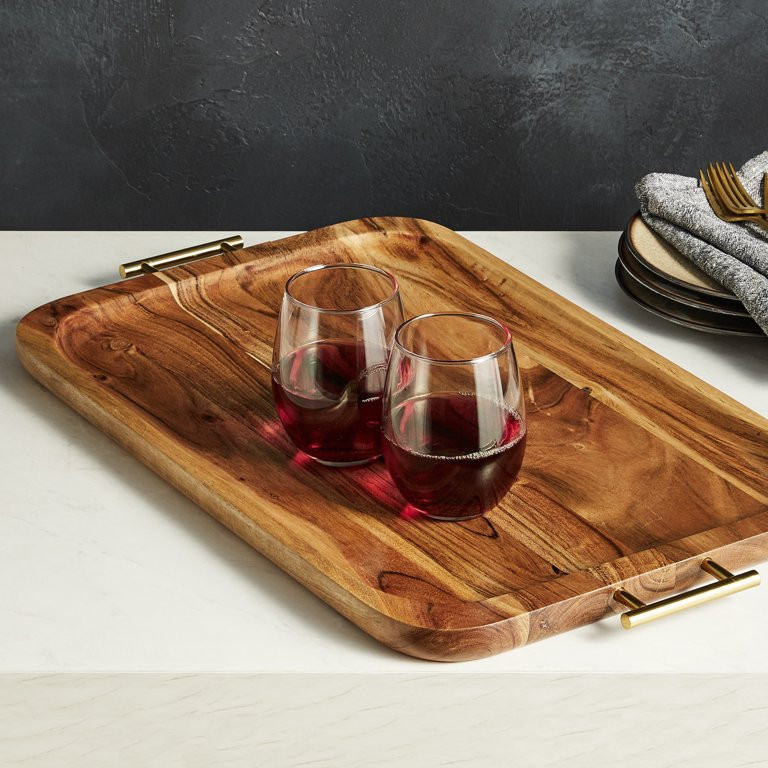 Better Homes & Gardens Acacia Wood Rectangle Tray with Gold Color Handles - Walmart.com | Walmart (US)