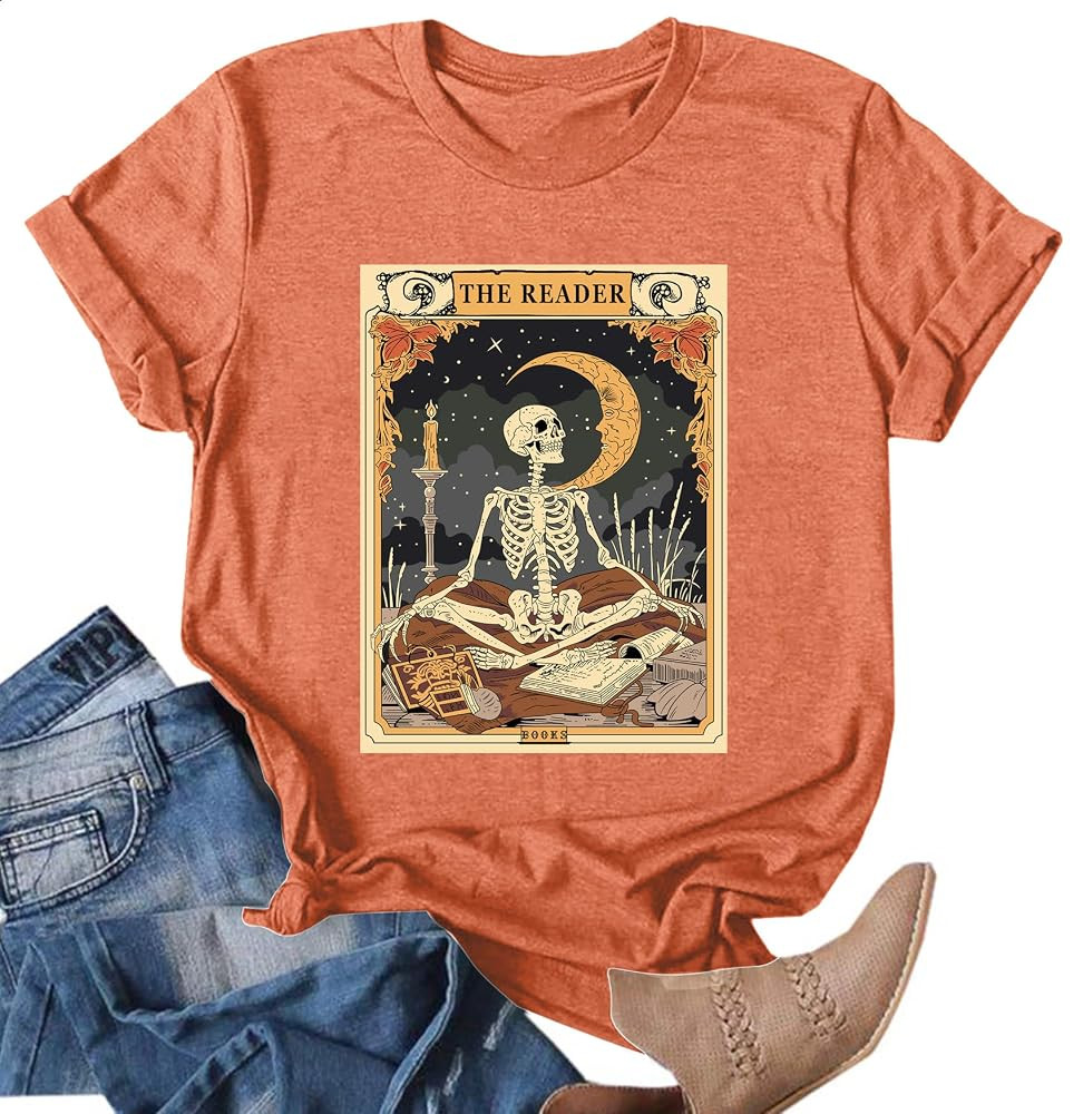 Reading Skeleton Shirt Women The Reader Tarot Card Shirts Halloween Skeleton Tshirt Book Lover Gi... | Amazon (US)