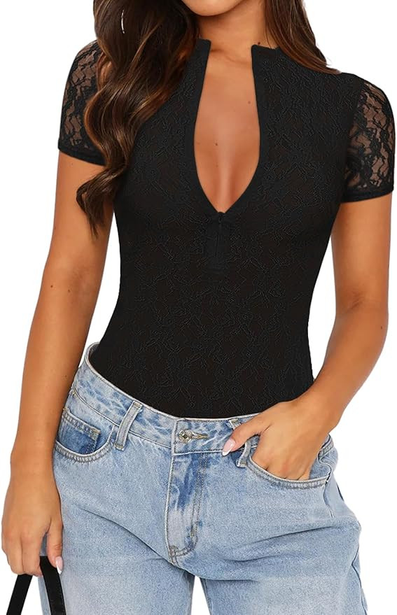 REORIA Women’s Sexy Trendy Lace Mesh Short Sleeve Zip Front Bodysuit Tops | Amazon (US)