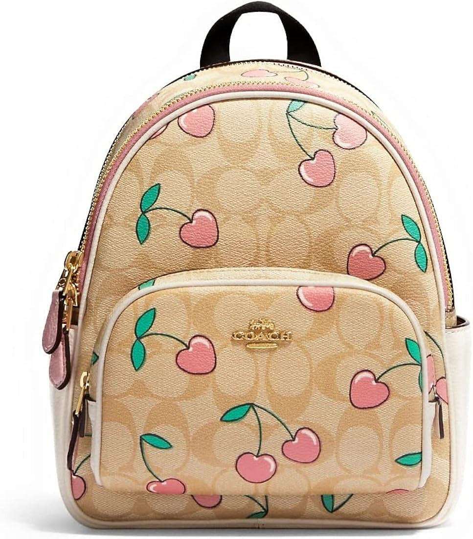 COACH Women's Mini Court Backpack (Cherry Signature - Light Khaki Multi), One Size | Amazon (US)