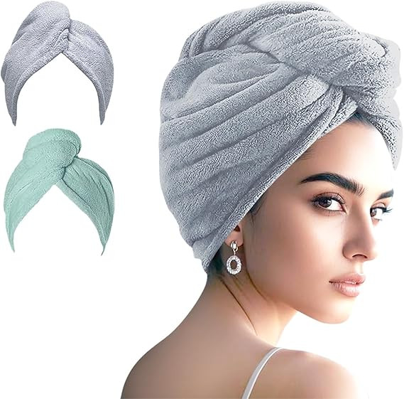 2 Packs Single Layer Microfiber Hair Turbans - Drying Wrap for Women (Gray,Light Green) | Amazon (US)