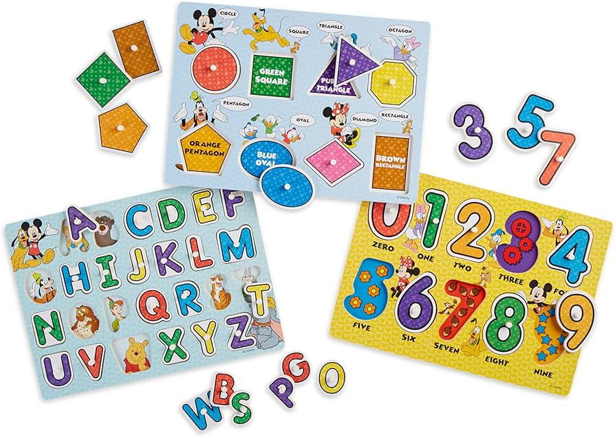 Melissa & Doug Disney Wooden Peg Puzzles Set: Letters, Numbers, and Shapes and Colors - Letters A... | Amazon (US)