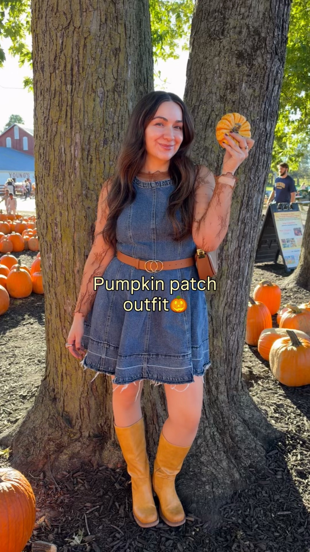 date night outfits, pumpkin patch 🎃 outfit, denim dress, knee high boots, fall fashion