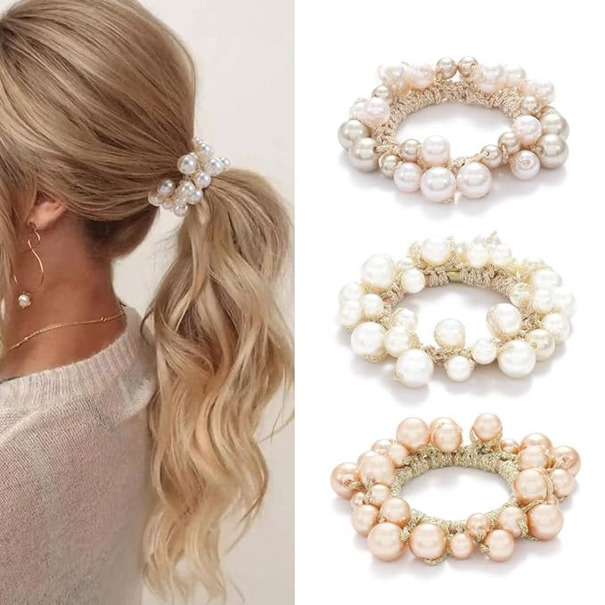 Pearl Hair Scrunchies Rhinestone Hair Ties Elastic Hair Bands Ponytail Holder Hair Ropes Hair Acc... | Amazon (US)
