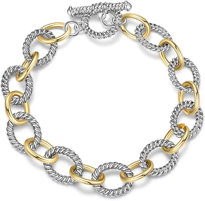 Mytys Link Bracelet Two tone Circles Chain Silver and Gold Wire Cable Bangle Designer Inspired Br... | Amazon (US)