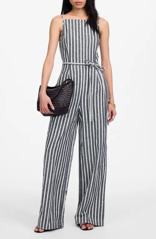 Madewell Pinstripe Pleated Linen & Cotton Wide Leg Jumpsuit in Navy White Stripe at Nordstrom, Size 2 | Nordstrom