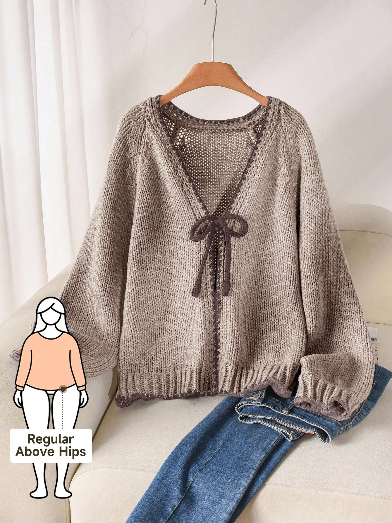 CosyJoli Plus Size Casual Sweater With Tie Bow Contrast Trim Cardigan/Winter | SHEIN