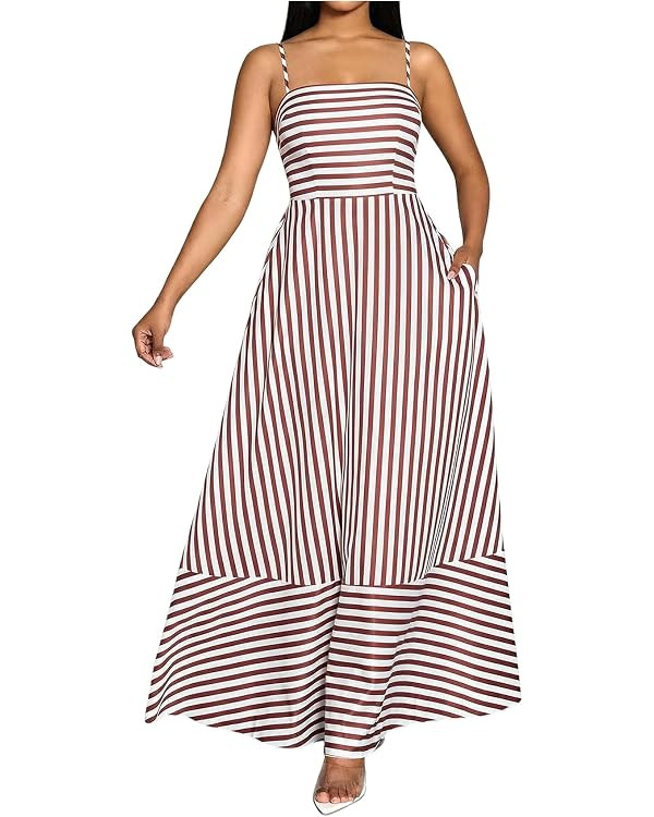 Milumia Women's Striped Spaghetti Strap Maxi Dress Square Neck Sleeveless A Line Dresses with Poc... | Amazon (US)