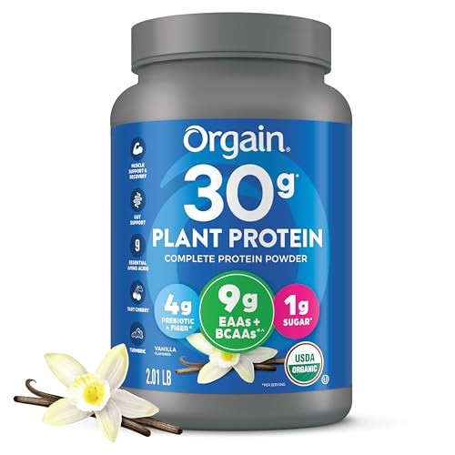 Orgain Organic 30g Vegan Protein Powder, Vanilla, 9g EAAs + BCAAs, Plant Protein, 4g Prebiotic + Fiber, 1g Sugar, Pre-Workout, Muscle Support + Recovery, PMV - 2.01lb (Packaging May Vary) | Amazon (US)