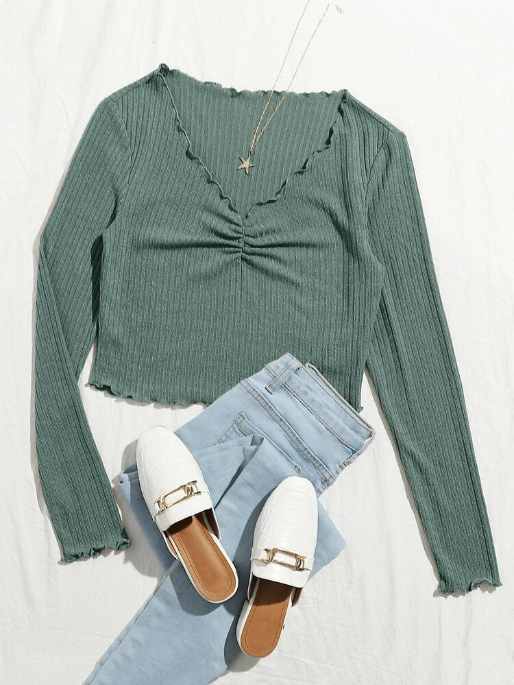 SHEIN V-neck Ruched Front Lettuce Trim Crop Tee | SHEIN