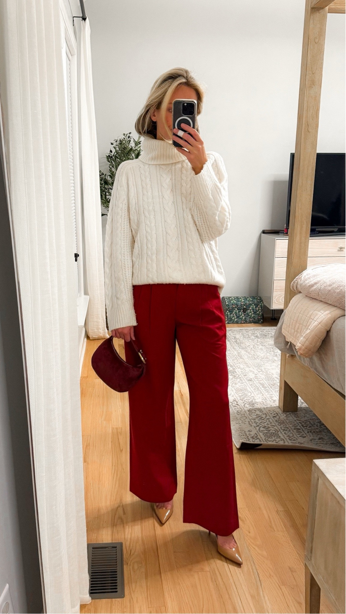 abercrombie pants white top holiday outfit party outfit mini bag suede bag red purse nude heels red pants white sweater cocktail outfit party outfits chunky sweater turtleneck sweater cable knit sweater thanksgiving outfit

#LTKCyberWeek #LTKHoliday #LTKFindsUnder100
