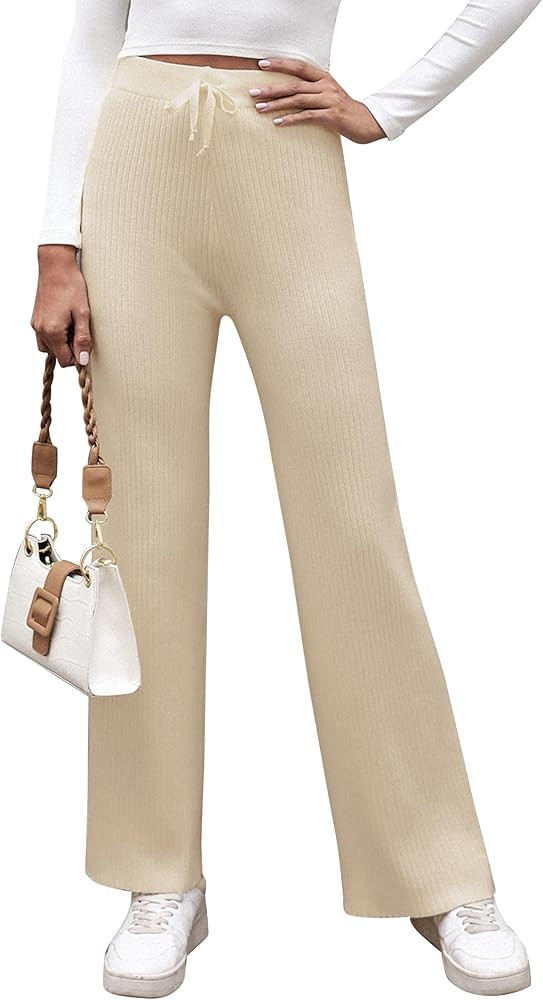 Cowasto Women's Casual Ribbed Knit Pants Elastic Waist Tie Front Wide Leg Sweater Pants | Amazon (US)