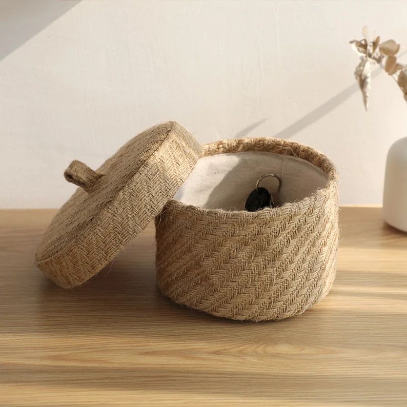 Natural Cotton Rope Lidded Basket with lid | Small storage Basket for Home | Sundries basket with... | Etsy (US)