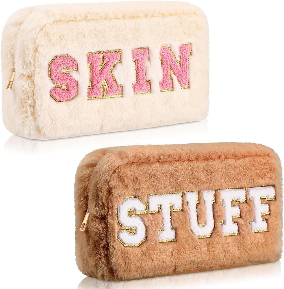 2 Pcs Chenille Letter Cosmetic Bag Large Preppy Makeup Pouch Bag Fluffy Plush Makeup Bag Portable Co | Amazon (US)