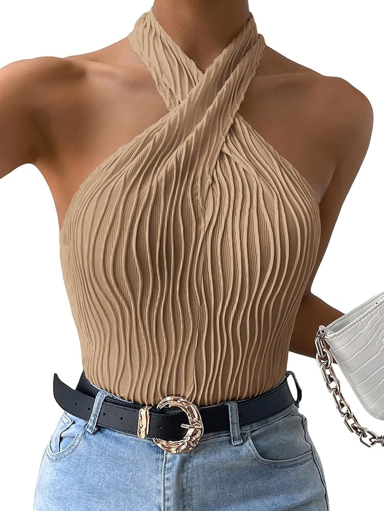 Milumia Women's Casual Textured Criss Cross Keyhole Sleeveless Halter Tops | Amazon (US)