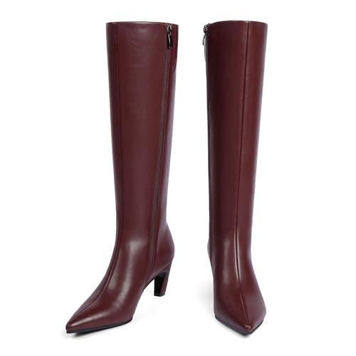 Modatope Burgundy Boots for Women Knee High Pointed Toe Low Kitten Heel Side Zipper Womens Tall Fashion High Knee Fall Wine Red Boots Size 11 | Amazon (US)