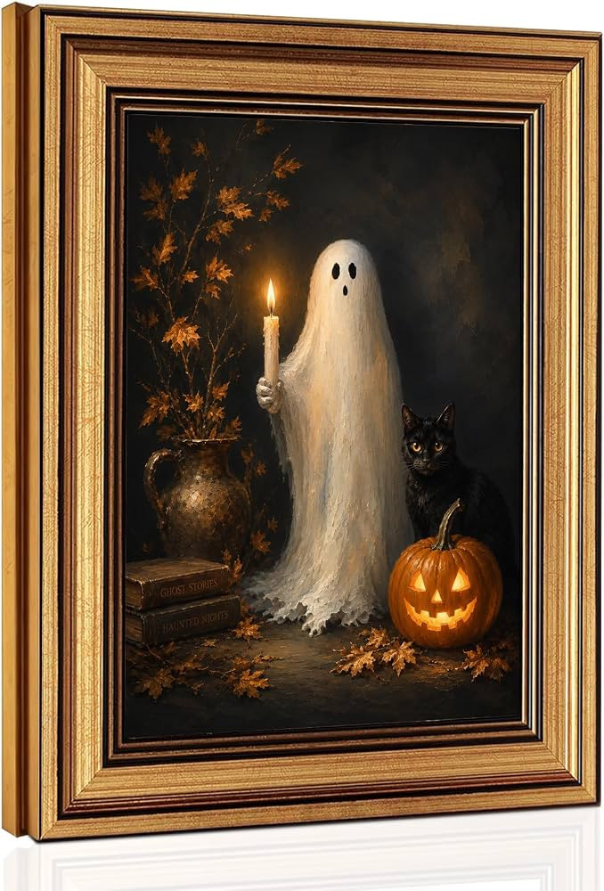 Vintage Halloween Framed Art, Cute Ghost Holding Candle with Black Cat     8x10 Halloween Fall De... | Amazon (US)