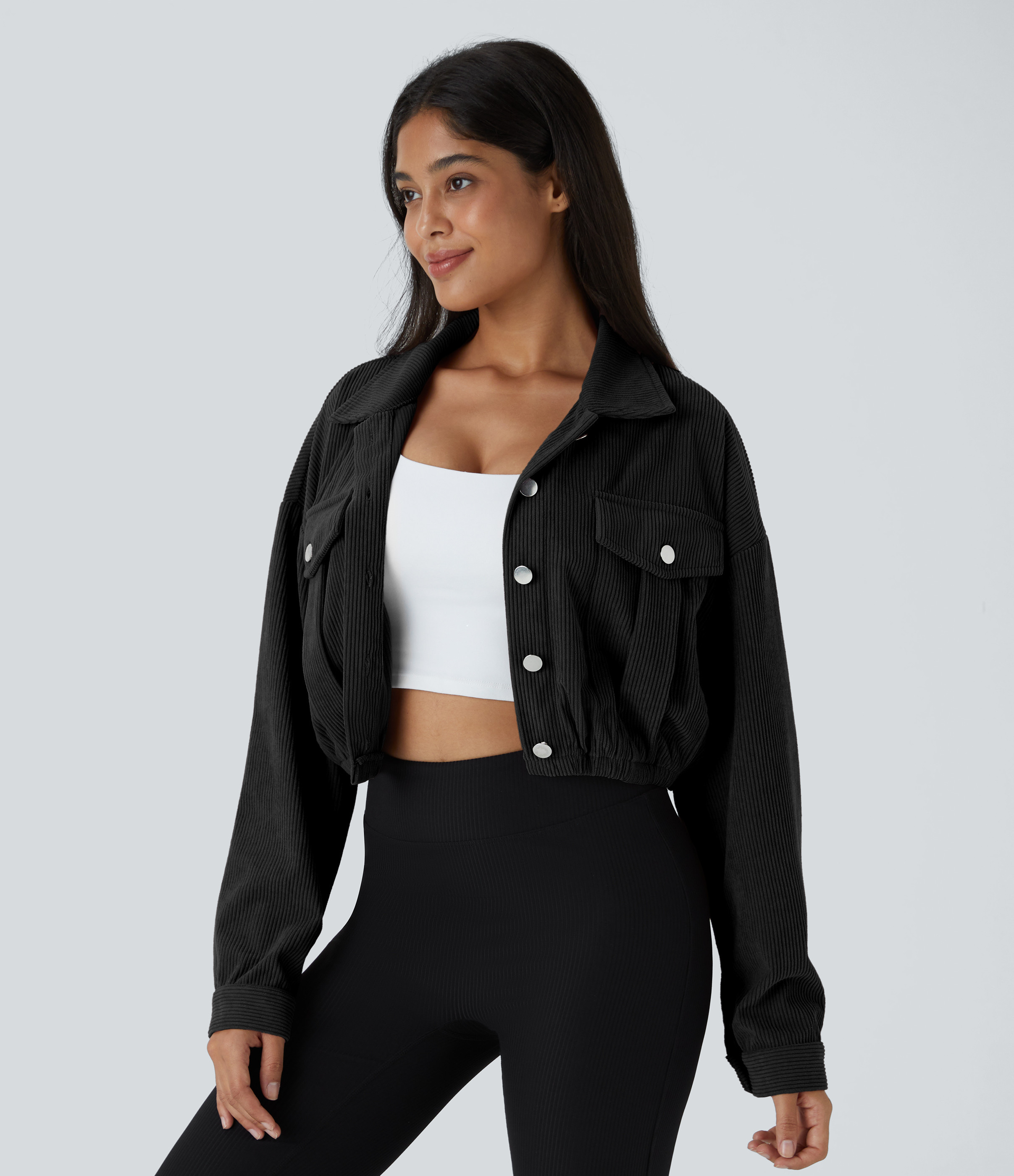 Halara Pocket Cropped Corduroy Casual Jacket - Black - L | HALARA
