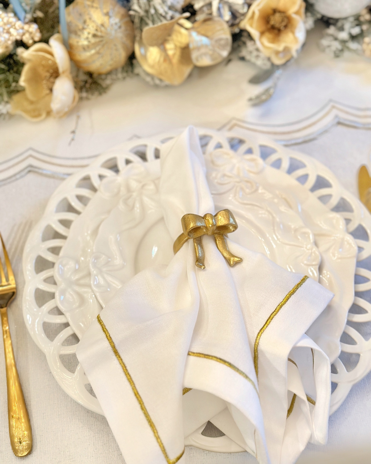 $3 Gold bow napkin rings, Christmas tablescape inspo ✨ dusty blue, gold and silver 

#LTKHome #LTKSaleAlert #LTKHoliday