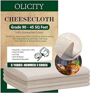 Olicity Cheesecloth, Grade 90, 45 Square Feet, 100% Unbleached Cheese Cloth Cotton Fabric Ultra F... | Amazon (US)