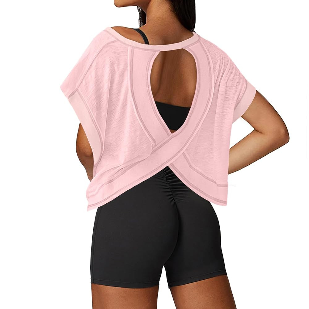 Open Back Workout Tops for Women Loose Fit Athletic Crop Tee Short Sleeve Gym Running Yoga Shirt | Amazon (US)