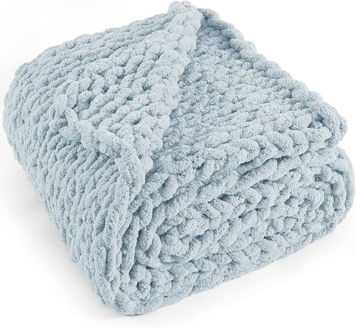 Chunky Knit Throw Blanket 50"X 60", 100% Handmade with Soft Chenille Yarn, 4.4lbs Thick Cable Kni... | Amazon (US)