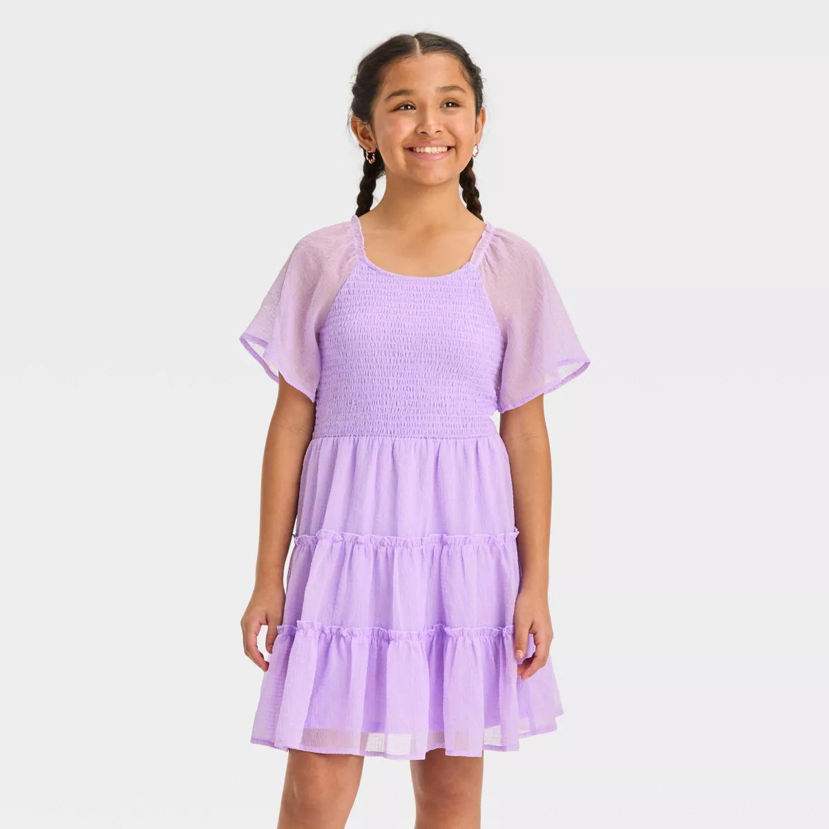 Girls' Smocked Bodice Flutter Sleeve Textured Dress - art class™ | Target