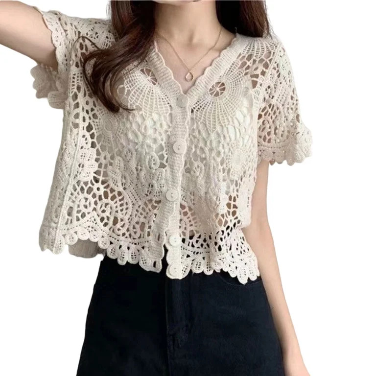Women Summer French Style Short Sleeve Lace Shrug Hollow Out Crochet Knit Bolero Cardigan V-Neck ... | Walmart (US)