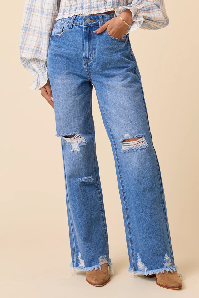 Ariel Medium Wash Distressed Wide Leg Jeans | Pink Lily
