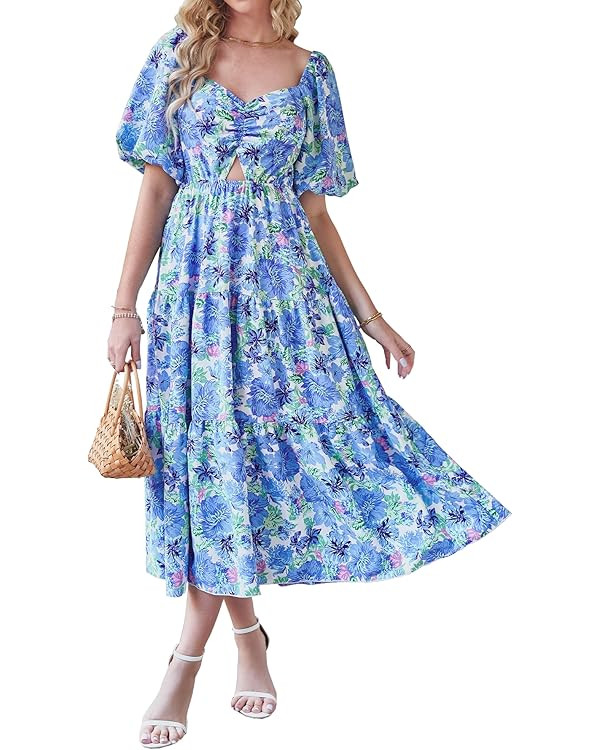 BTFBM Women Summer Dresses 2025 Casual Flowy Beach Square Neck Puff Short Sleeve Smocked Back Boh... | Amazon (US)