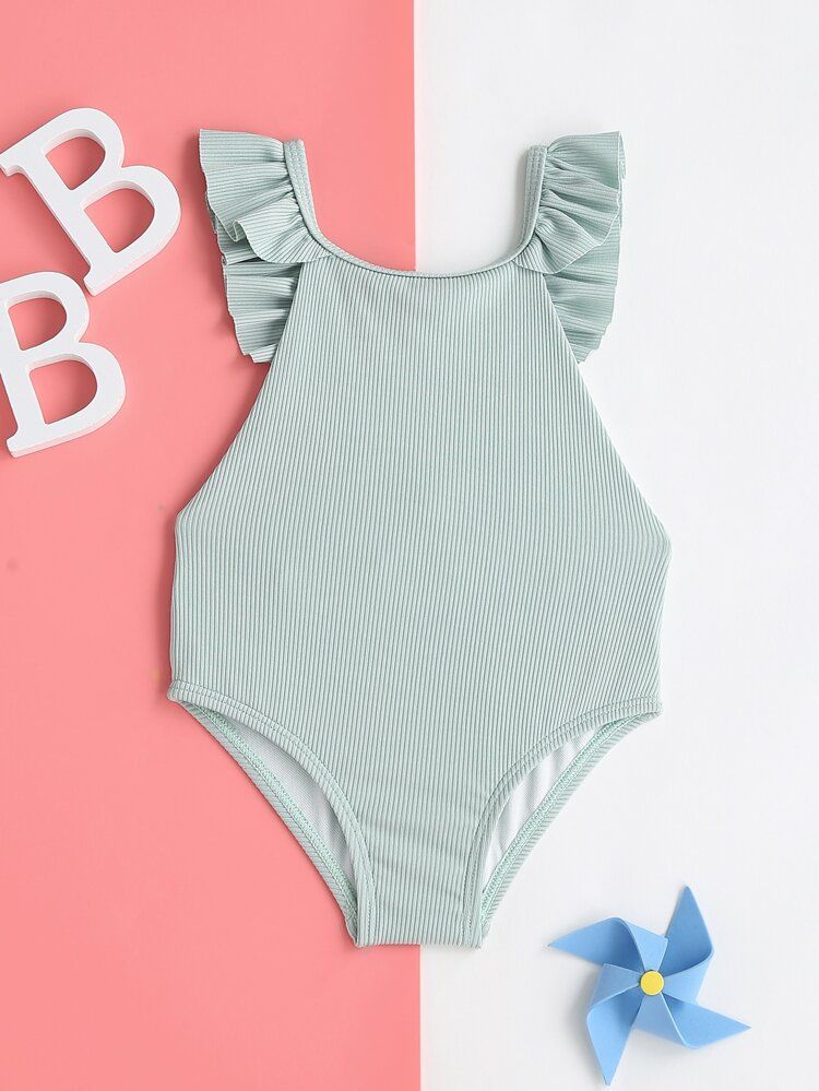 Baby Girl Plain Ruffle Trim One Piece Swimsuit | SHEIN