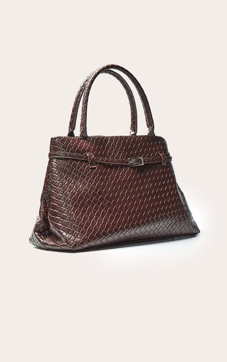 Chocolate PU Weave Belt Detail Hand Bag | PrettyLittleThing US