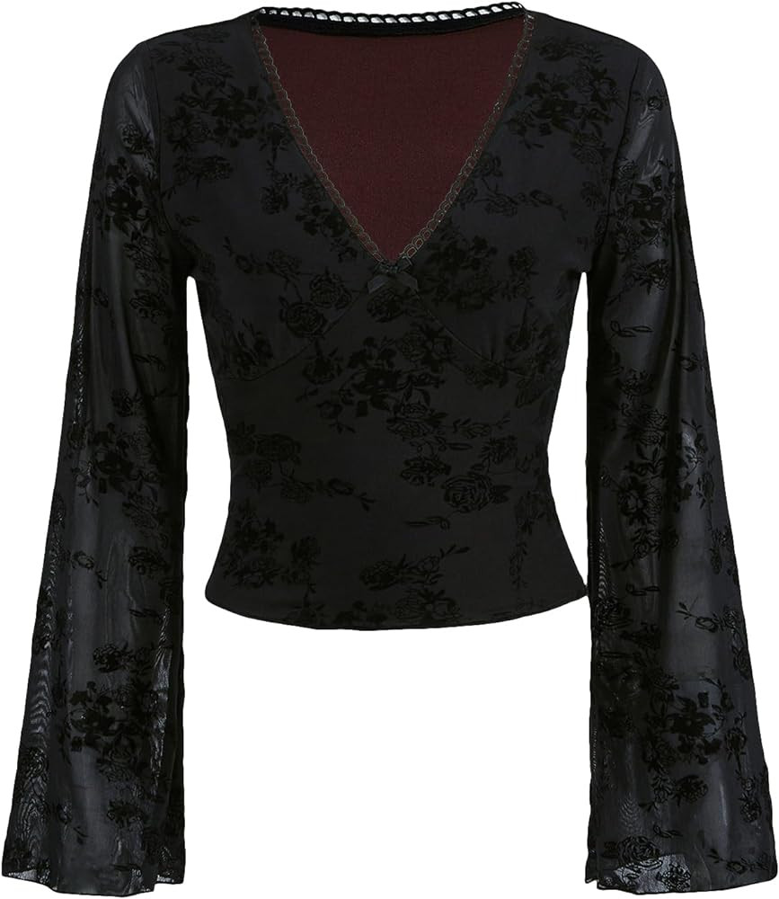 Floerns Women's Floral Print Flare Sleeve Lace Trim Mesh Crop Top Tee Shirts | Amazon (US)