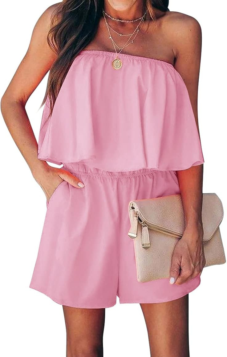 REORIA Women Casual Summer Sexy One Piece Strapless Off Shoulder Ruffle Beach Tube Top Romper Sho... | Amazon (US)