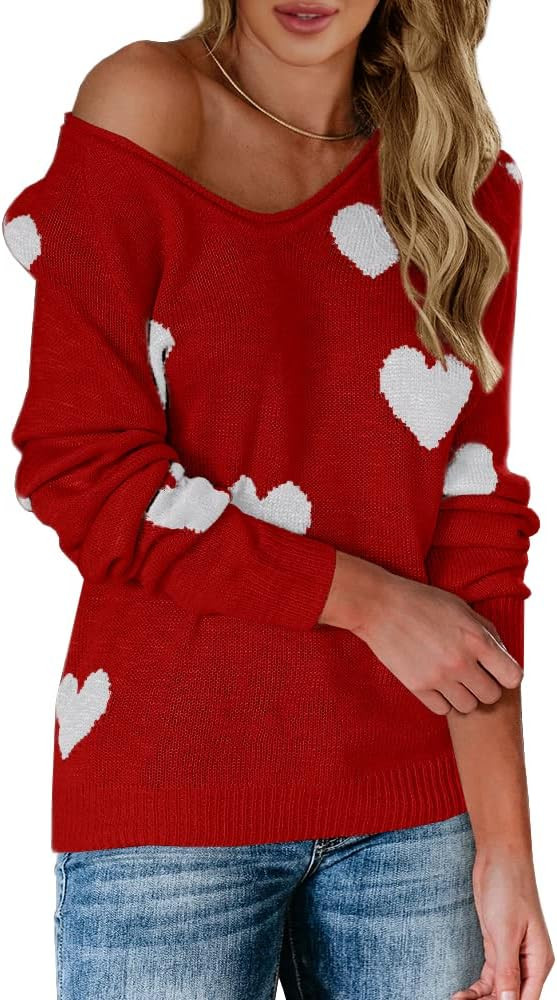 Tutorutor Womens Cute Love Heart Print Sweaters Oversized Off The Shoulder Loose Knitted Valentin... | Amazon (US)