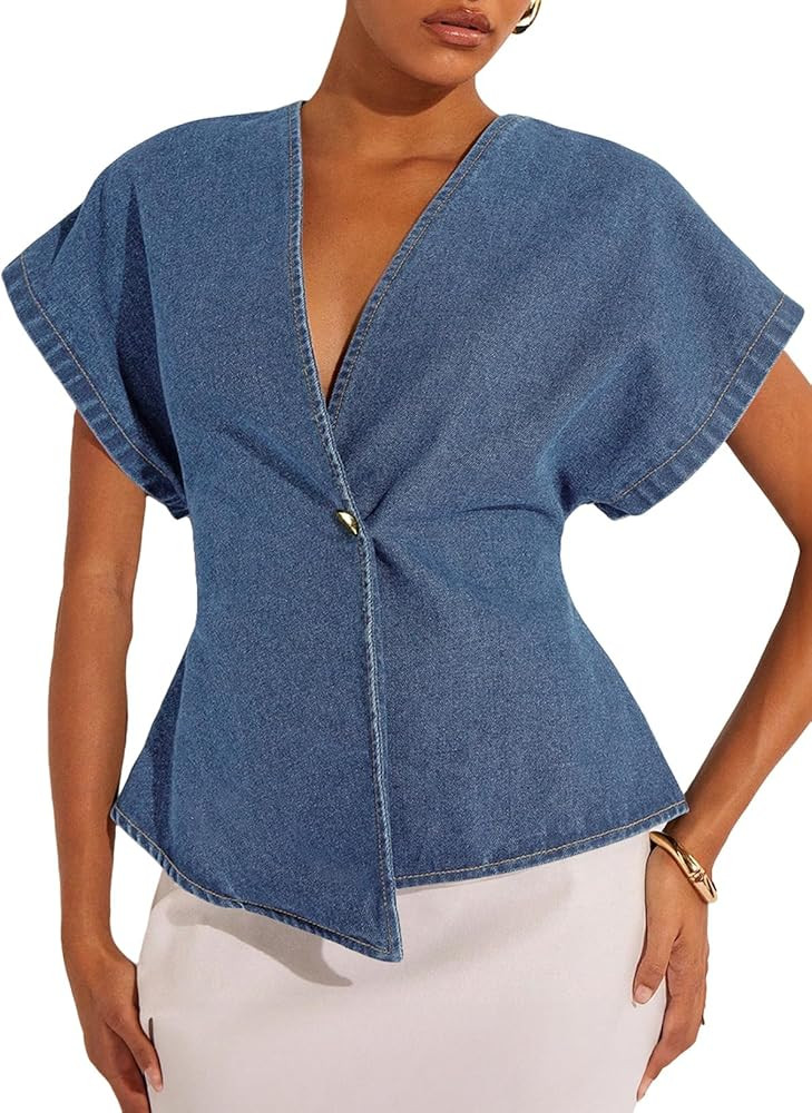 EVALESS Womens Denim Shirts Short Sleeve Button Down Shirts Spring Summer Tops V Neck Work Blouse... | Amazon (US)