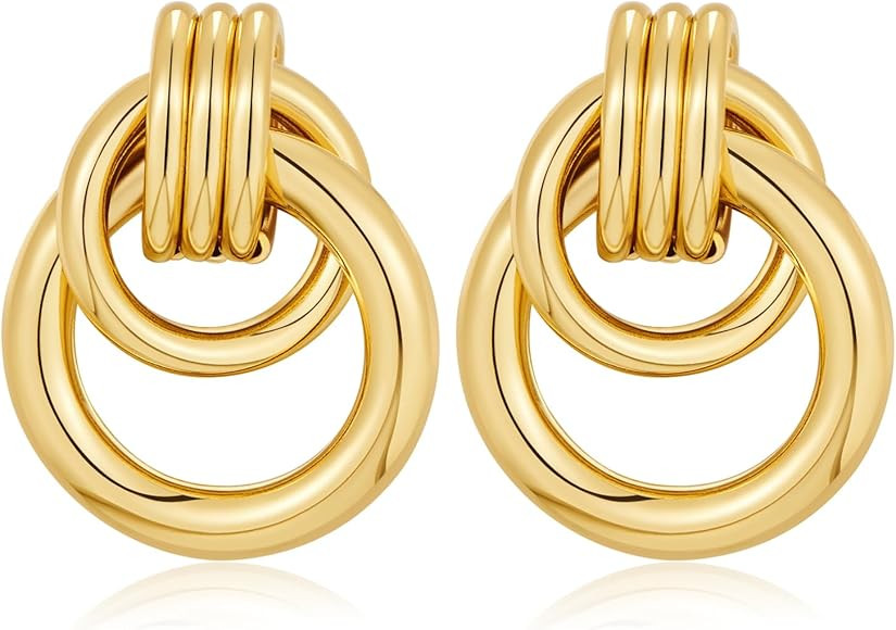 LILIE&WHITE Chunky Gold Statement Earrings, Two-Tone Knot Dangle Earrings, Circular Hoop Drop Ear... | Amazon (UK)