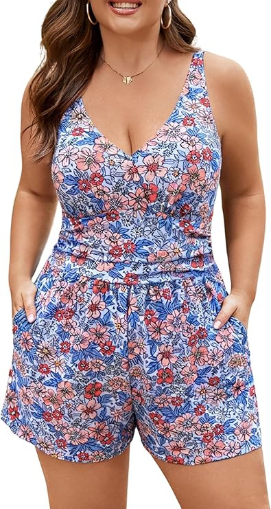 Plus Size Swim Romper Women One Piece Swimsuit Tummy Control Bathing Suit with Shorts Modest Full... | Amazon (US)