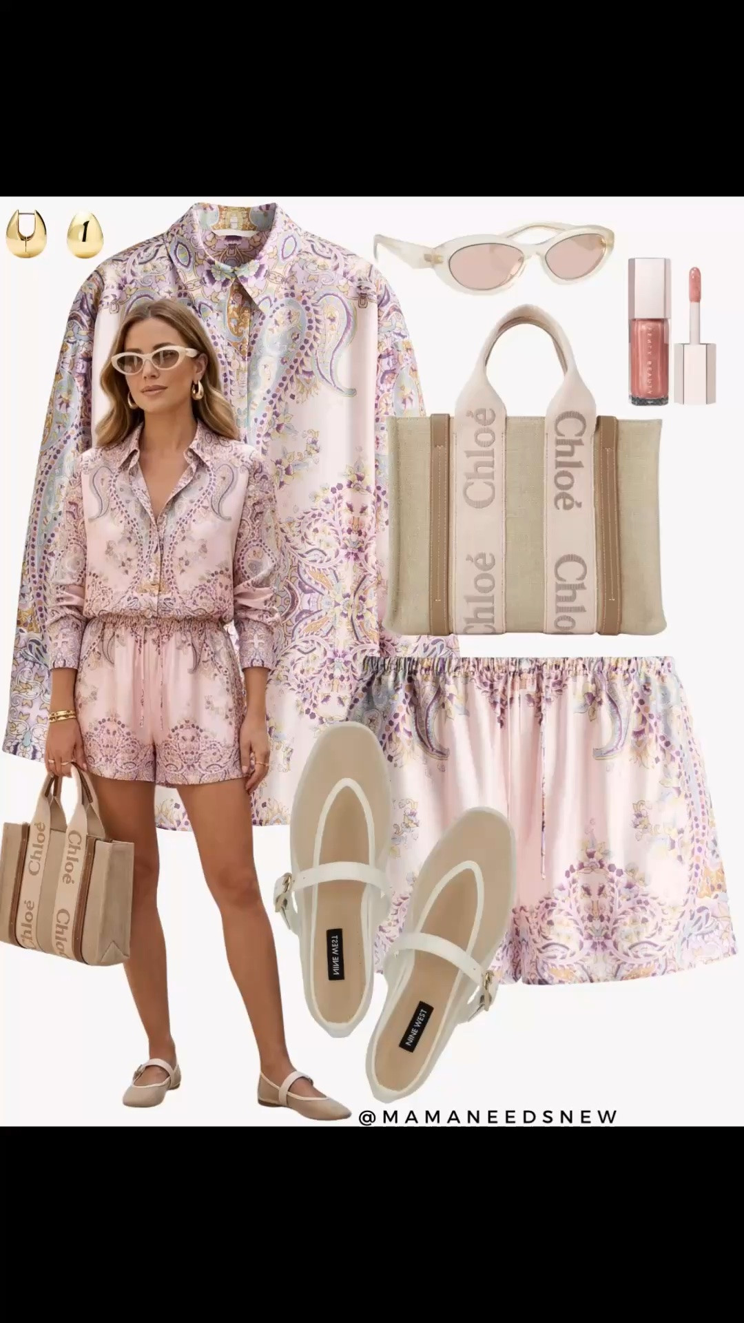A spring to summer / vacation outfit with a matching shirt and shorts set, tote bag, mesh Maryjane flats 🤍