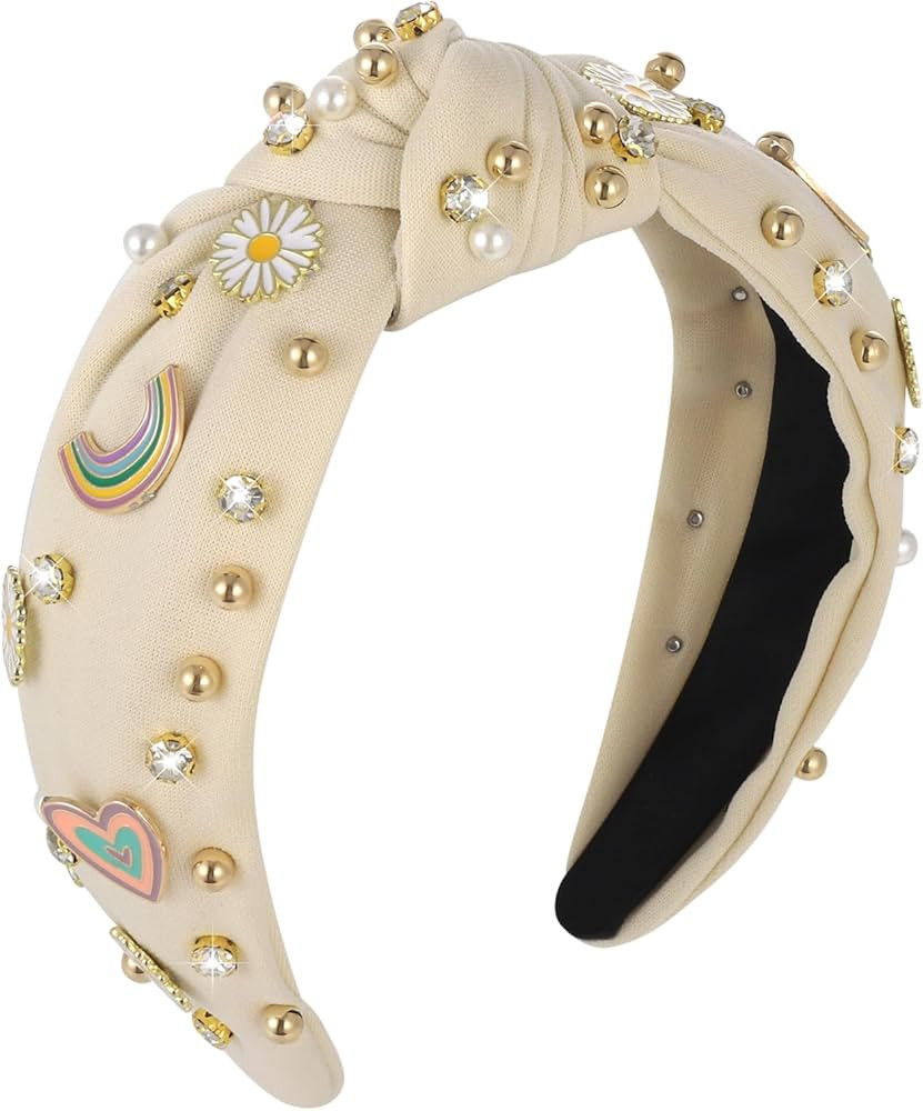 Pearl Knotted Headband for Women, Boho Rainbow Daisy Headbands for Girls Sparkly Crystal Rhinesto... | Amazon (US)