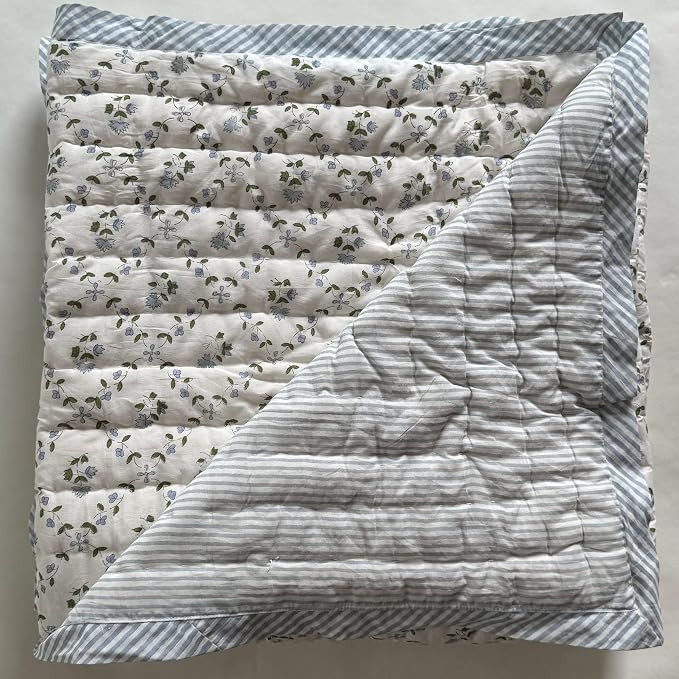 Ridhi Block Print Quilted Powder and Pigeon Blue Reversible Throw Blanket 100% Cotton Quilt, Cove... | Amazon (US)