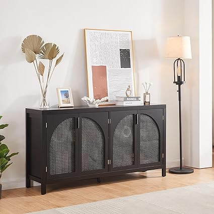 Modern Black Rattan Storage Cabinet - Freestanding Arched Buffet Sideboard with Metal Handles for... | Amazon (US)