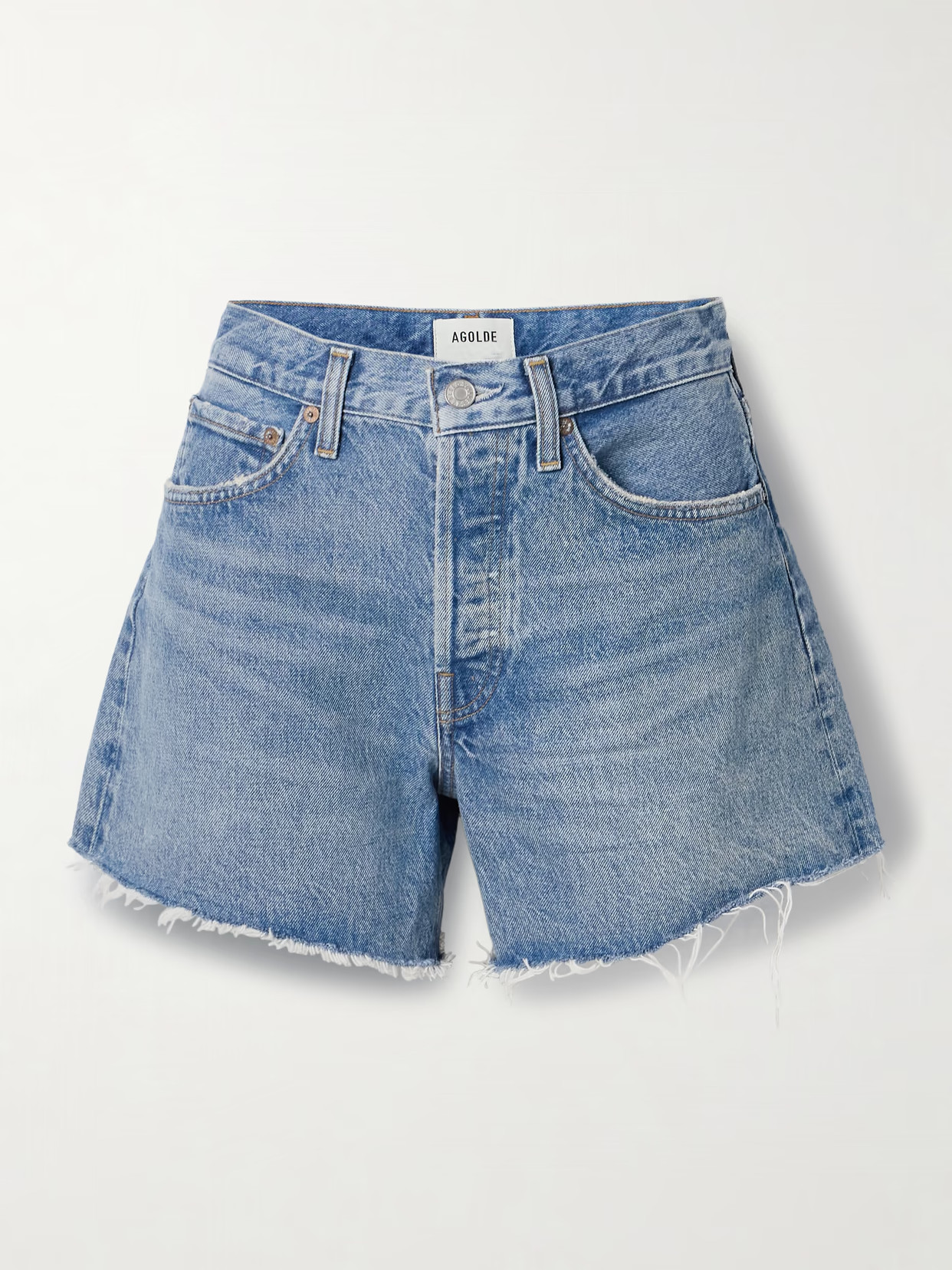 AGOLDE - Parker Long Distressed Denim Shorts - Blue | NET-A-PORTER (US)