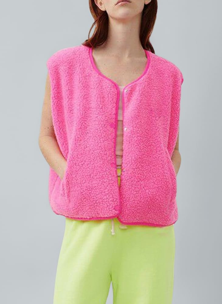 Womens Fleece Vest Tops Solid Color V Neck Sleeveless Snap Button Up Jacket Cardigan Winter Lamb ... | Amazon (UK)
