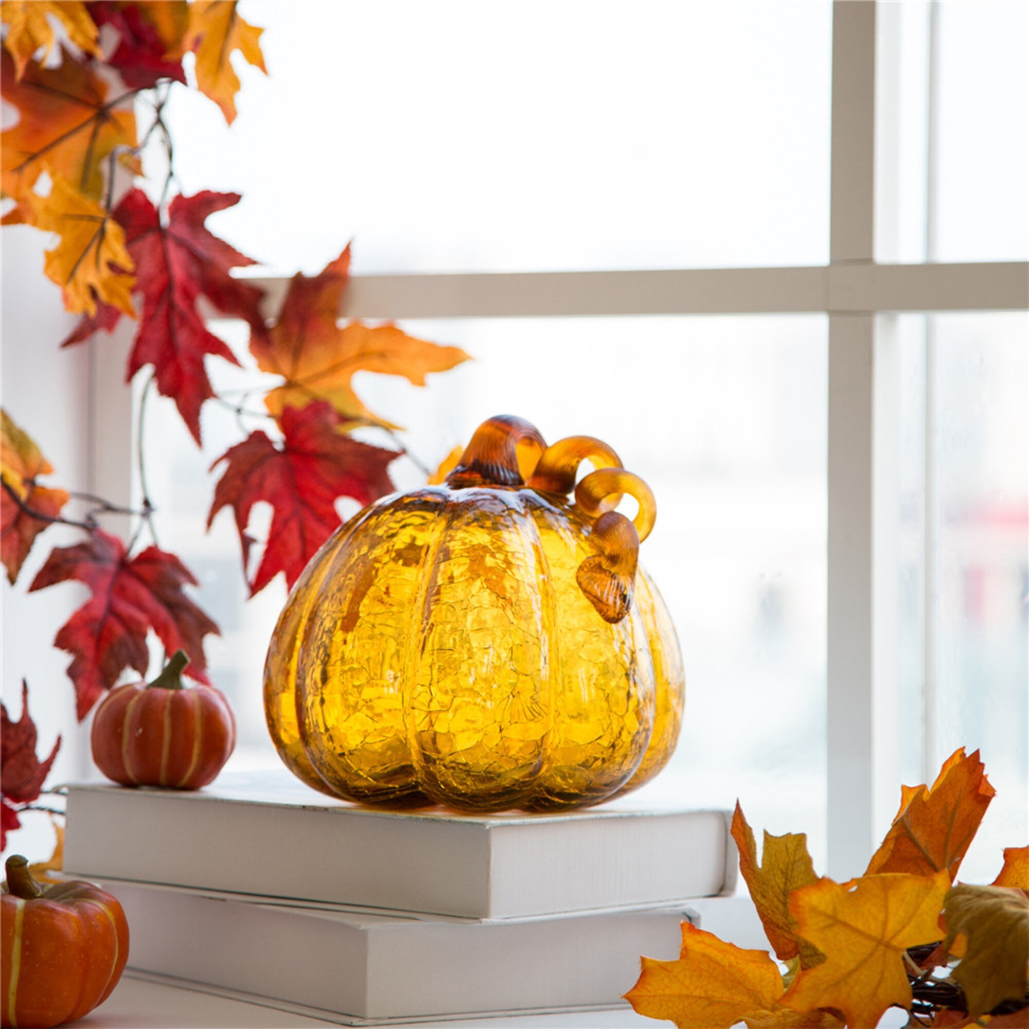 Glitzhome Amber Crackle Handblown Fall Harvest Glass Pumpkins for Thanksgiving Decor | Bed Bath & Beyond