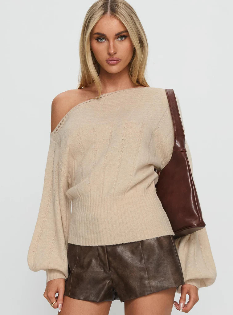 Jackeline Off Shoulder Rib Jumper Cream | Princess Polly US