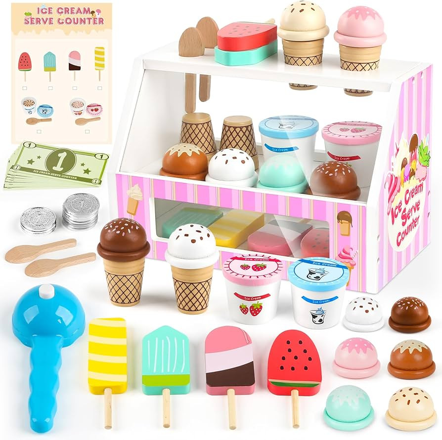 Dreamon Wooden Ice Cream Set for Kids, 38 PCS Wooden Role Play Ice Cream Shop Play Food Kitchen T... | Amazon (UK)