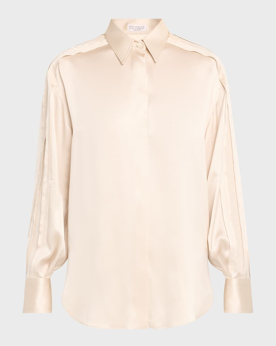 Brunello Cucinelli Satin Tunic Button-Front Shirt with Sequin Detail | Neiman Marcus