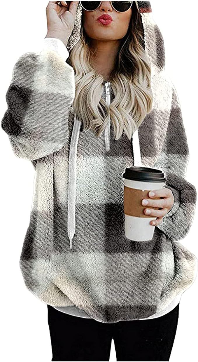 Womens Plush Hooded Sweatshirts Long Sleeve Oversized Hoodies Zip Hood Sweater Fall Winter Pullov... | Amazon (US)