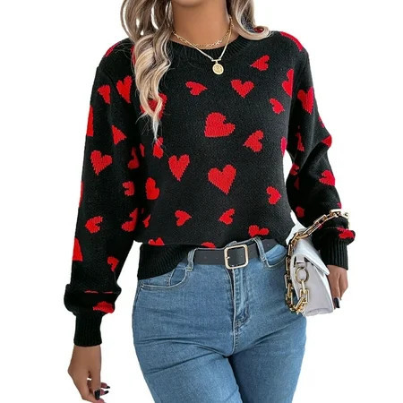 Heart Sweaters for Women Valentine's Day Casual Loose Lightweight Crewneck Sweater Lantern Sleeve Pullover Tops Shermie | Walmart (US)